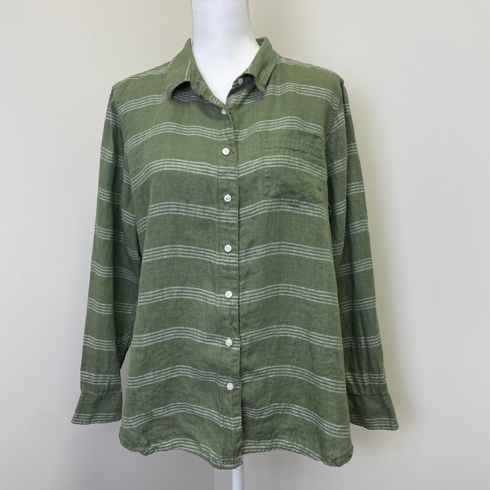L.L.Bean Green Striped 100% Linen Button Down Shirt Womens Large Petite